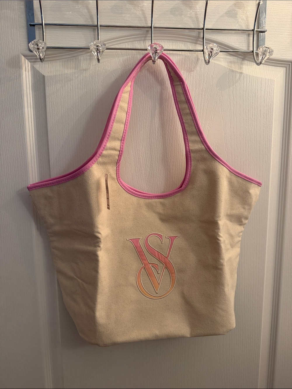 Victoria's Secret Beige Canvas Tote with Pink Trim and Gradient Logo